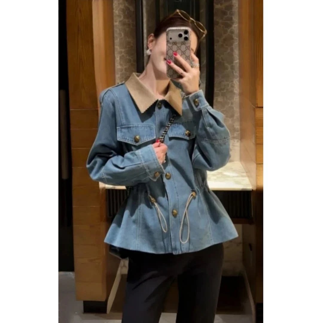 秋季新款翻领抽绳牛仔外套女收腰