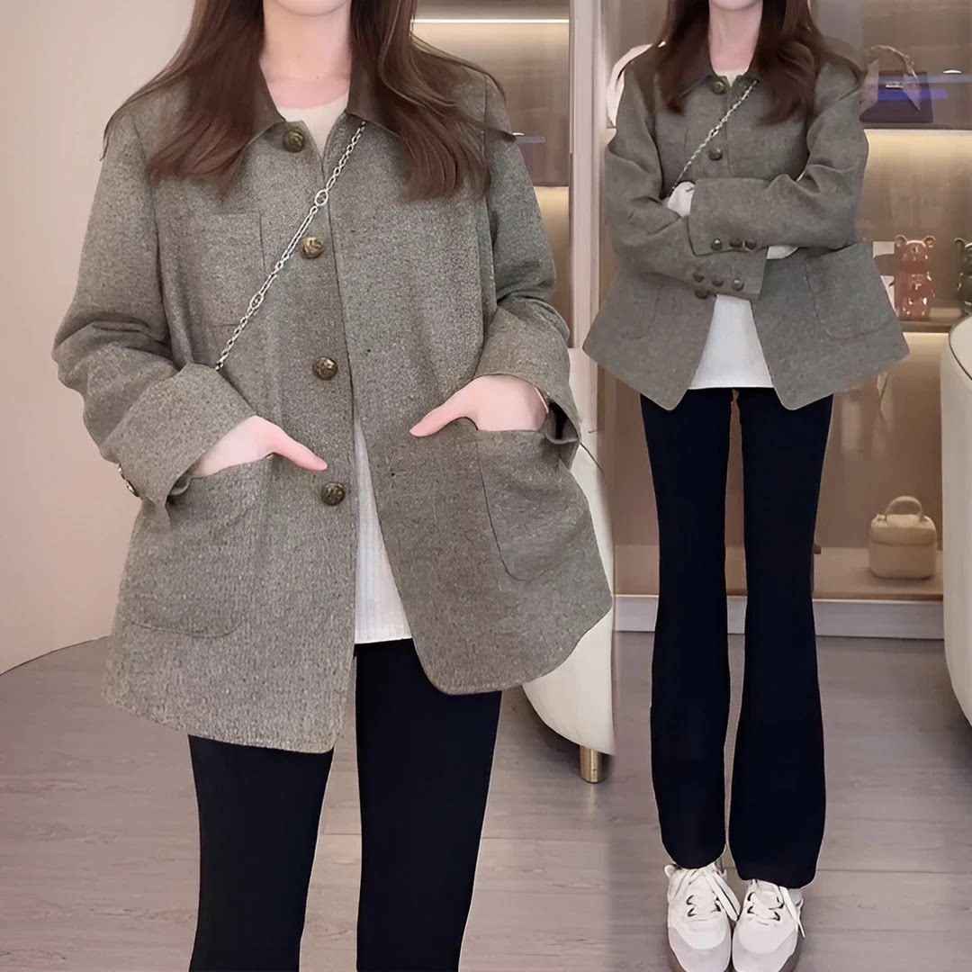 绵羊毛高级感西装外套女拼接翻领