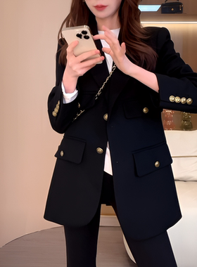 春秋法式高级感西服多口袋设计感气质休闲时尚百搭黑色西装外套女