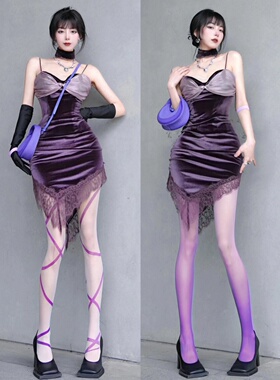 千禧糖果色小众紫色条纹丝袜新款辣妹显瘦渐变薄款连裤袜