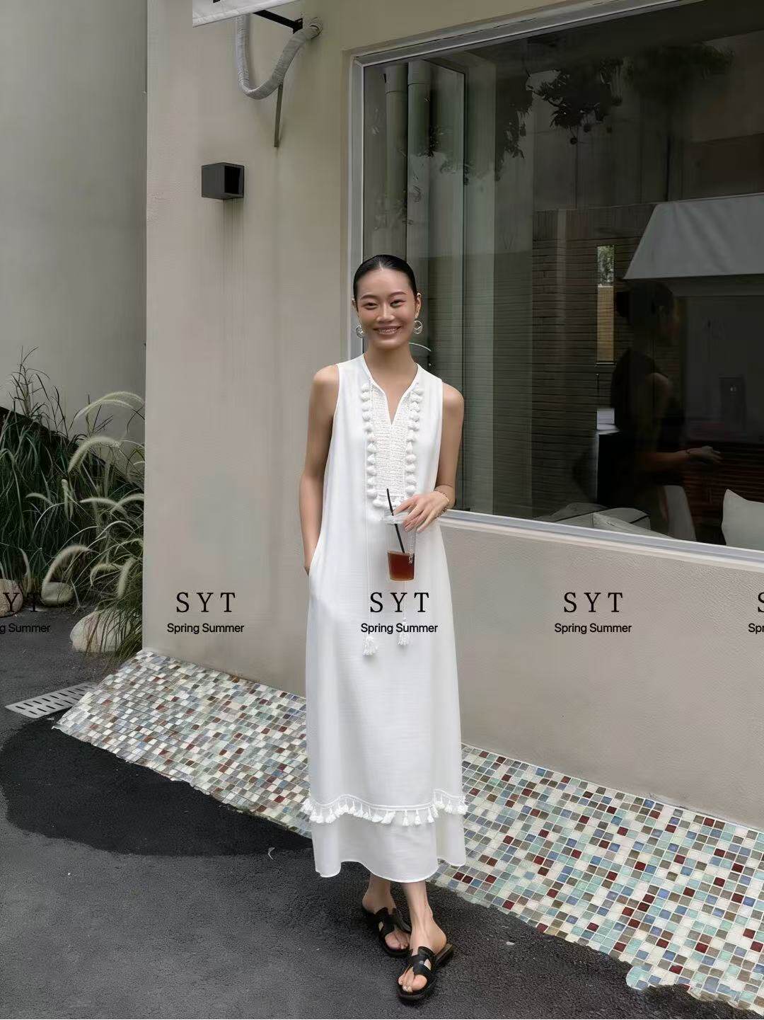 棉麻无袖连衣裙V领大长裙A裙 夏季新款宽松显瘦裙子流苏长裙