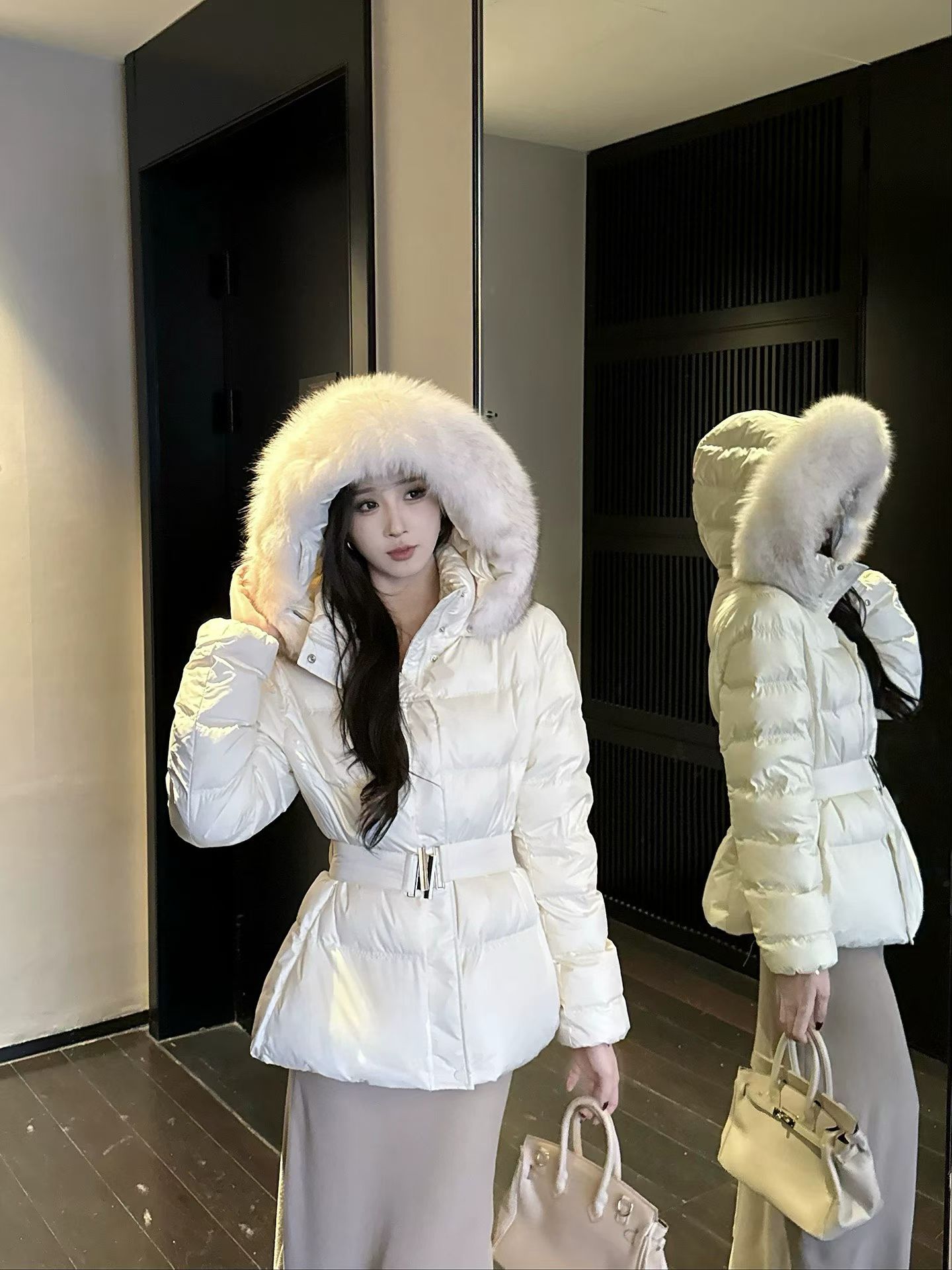 真狐狸大毛领 连帽羽绒服女收腰显瘦加厚保暖白鸭绒厚外套中长款