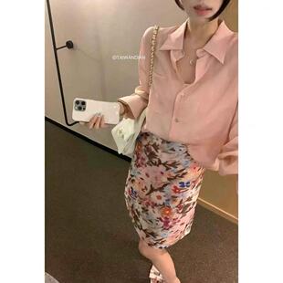 亚麻+天丝套装 宽松长袖衬衫 +5分印花半裙套裙