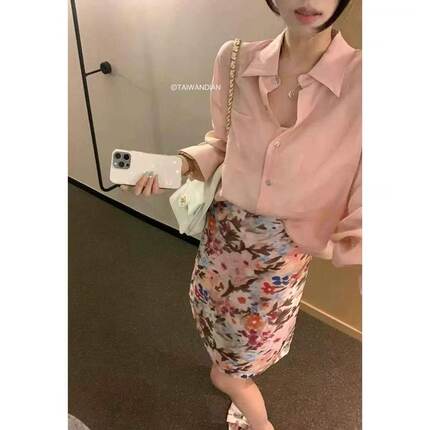 亚麻+天丝套装 宽松长袖衬衫 +5分印花半裙套裙