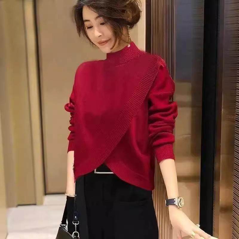 红色半高领毛衣女秋冬2024年新款爆款针织打底衫洋气上衣不规则