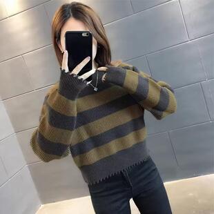 欧货撞色条纹加厚小款高腰短款毛衣女秋冬季设计感复古打底针织衫