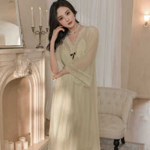 逸尔乐专柜带胸垫睡衣女秋性感长袖 蕾丝花边仙女睡裙显瘦 V领法式