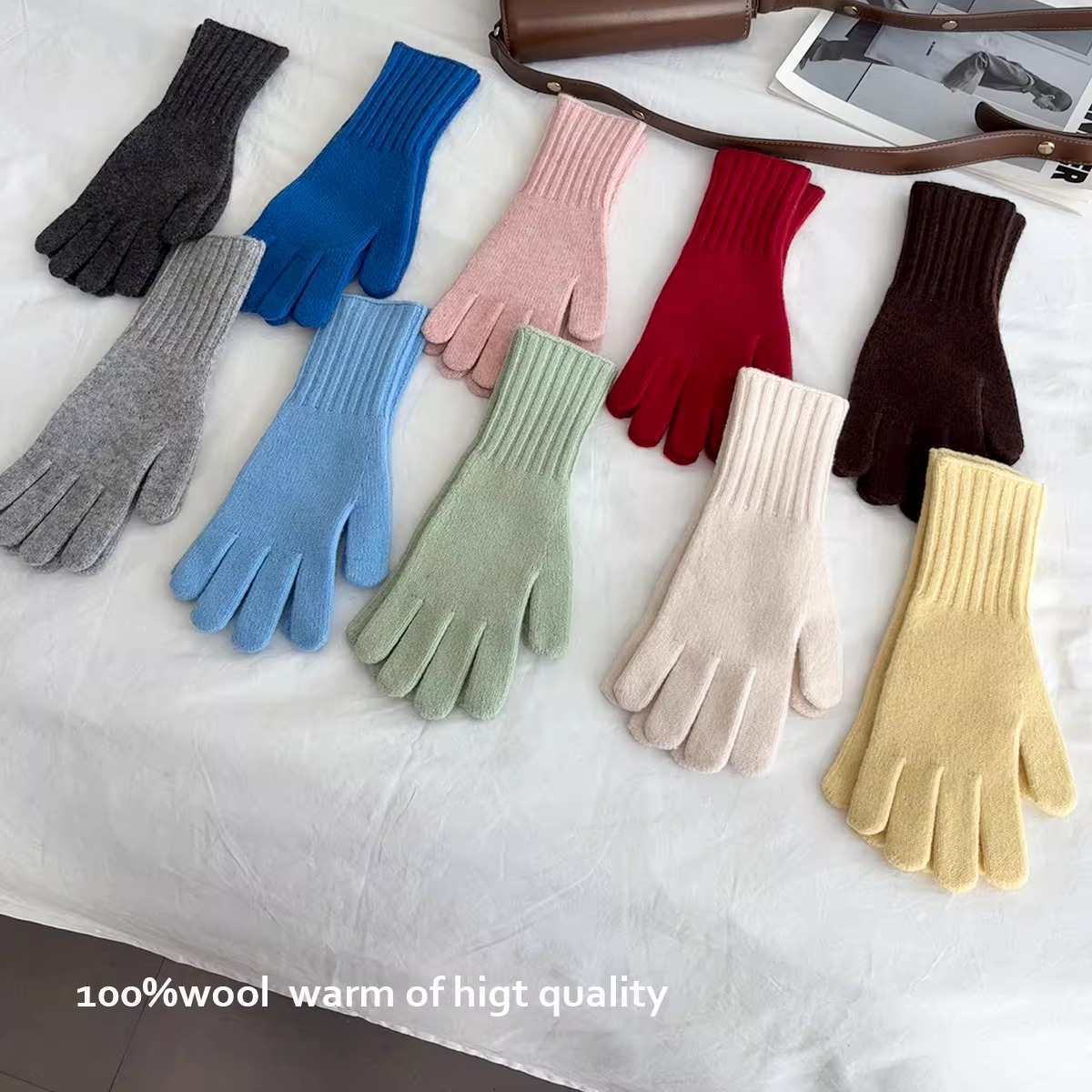 可触屏100%精选纯羊毛手套纯色毛线针织长款手套女冬加厚骑行保暖