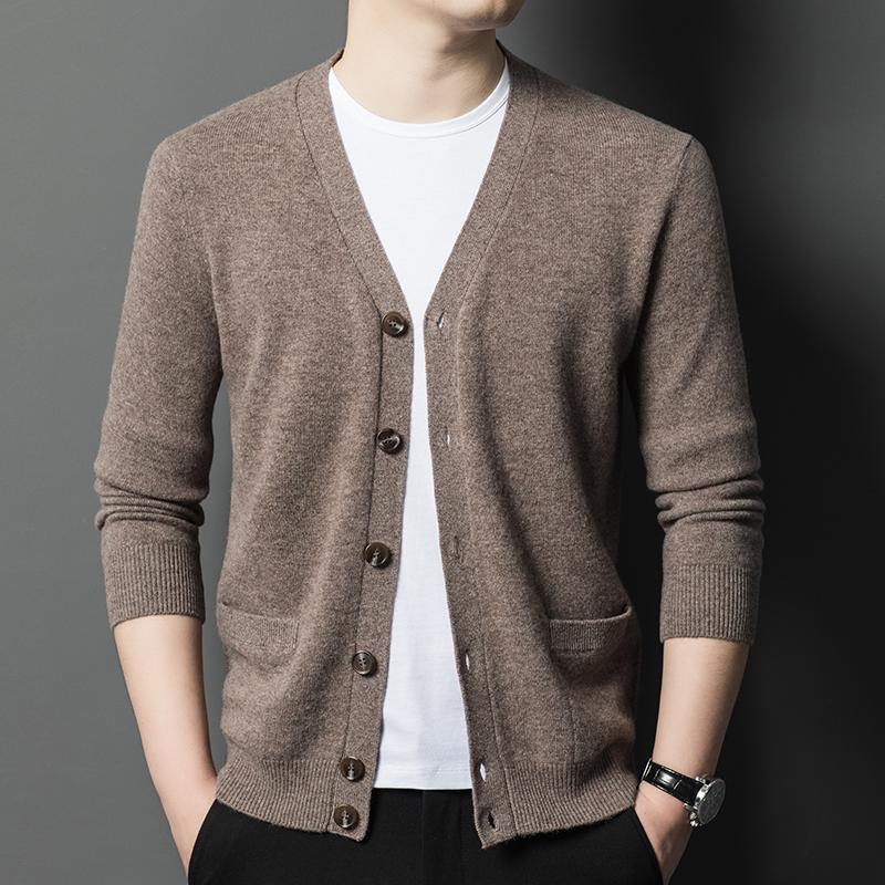 100%山羊绒衫男单排扣子V领开衫