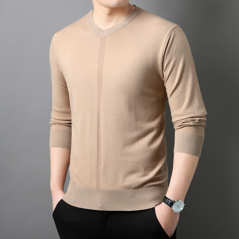 秋季毛衣长袖加大加肥针织抽条V领纯色套头休闲中青年9882P60，男装针织衫/毛衣，星座1106