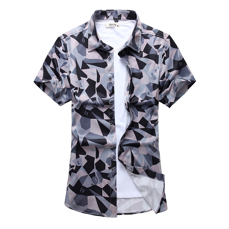 2025年大码花衬衫柔软丝光棉衬衣短袖弹力迷彩1067P35平铺，男装T恤，星座1106