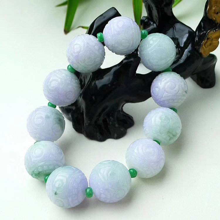 翡翠手链圆珠雕花紫加绿双彩玉手链缅甸天然翡翠老坑a货冰糯手串