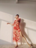 SOSO原创古典舞多情种旗袍高开衩练功长袖 枫叶网纱透弹力舞蹈表演