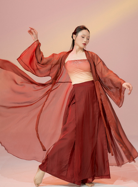SOSO佳新中式国风爵士古典舞舞蹈服红色演出服大摆宽松飘逸长纱衣
