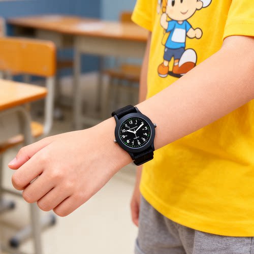 儿童透气帆布表带手表24小时制6-12岁小学生男女孩防水运动电子表
