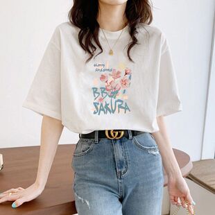 白色正肩大码女装2026新款纯棉短袖女t恤设计感小众初中生胖mm