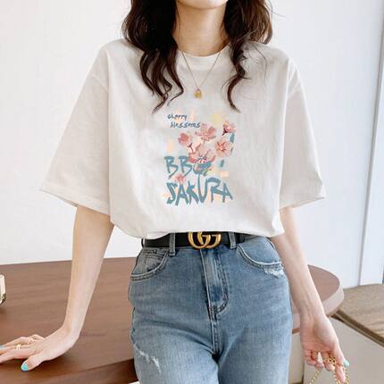 白色正肩大码女装2026新款纯棉短袖女t恤设计感小众初中生胖mm