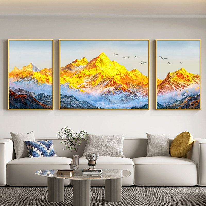 背靠金山客厅背景墙装饰画高档大气靠山图生意人挂画大尺寸三联画