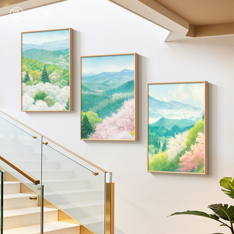 治愈系风景画别墅楼梯间装饰画野地美树子日式原木风走廊过道挂画图片