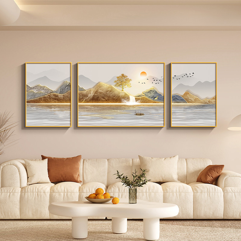 流水生财客厅三联画现代轻奢高端大气山水风景画沙发背景墙三联画