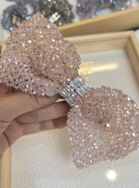 品牌工厂璀璨闪亮手工水晶串珠锆石高品质大号粉色蝴蝶结弹簧夹