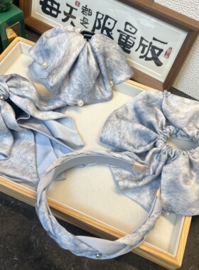 新中式挂珠飘带蝴蝶结马尾抓夹女蓝色新款高级感后脑勺半扎发夹子