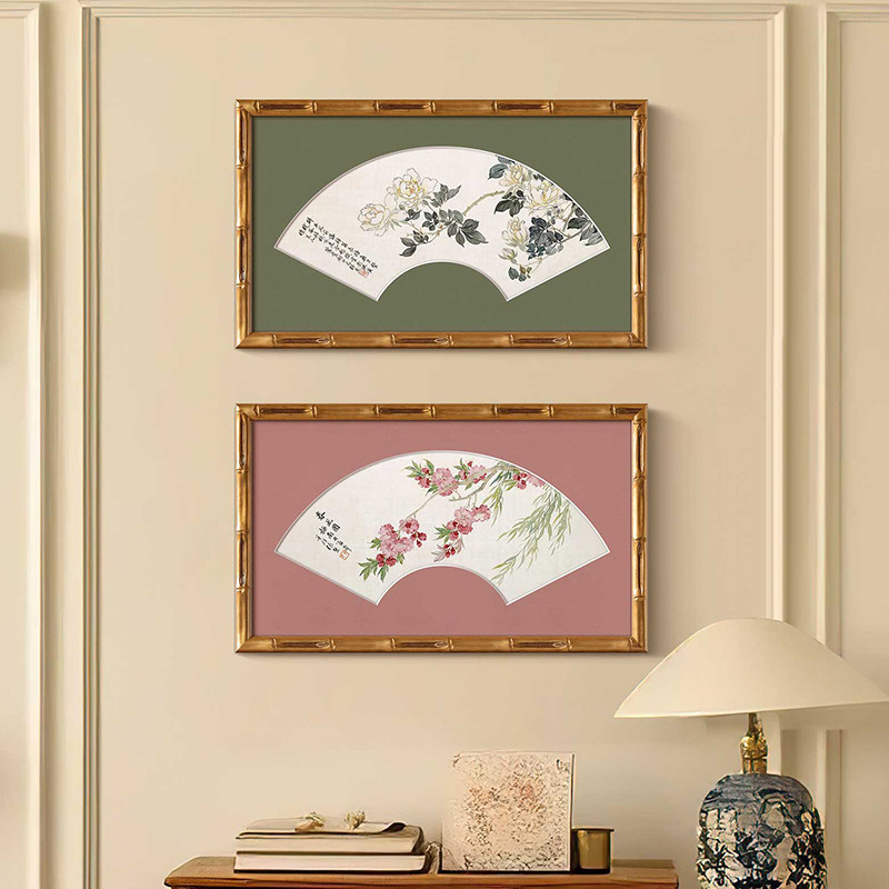 复古法式中国风客厅扇面花鸟装饰画新中式古典玄关书房卧室挂画