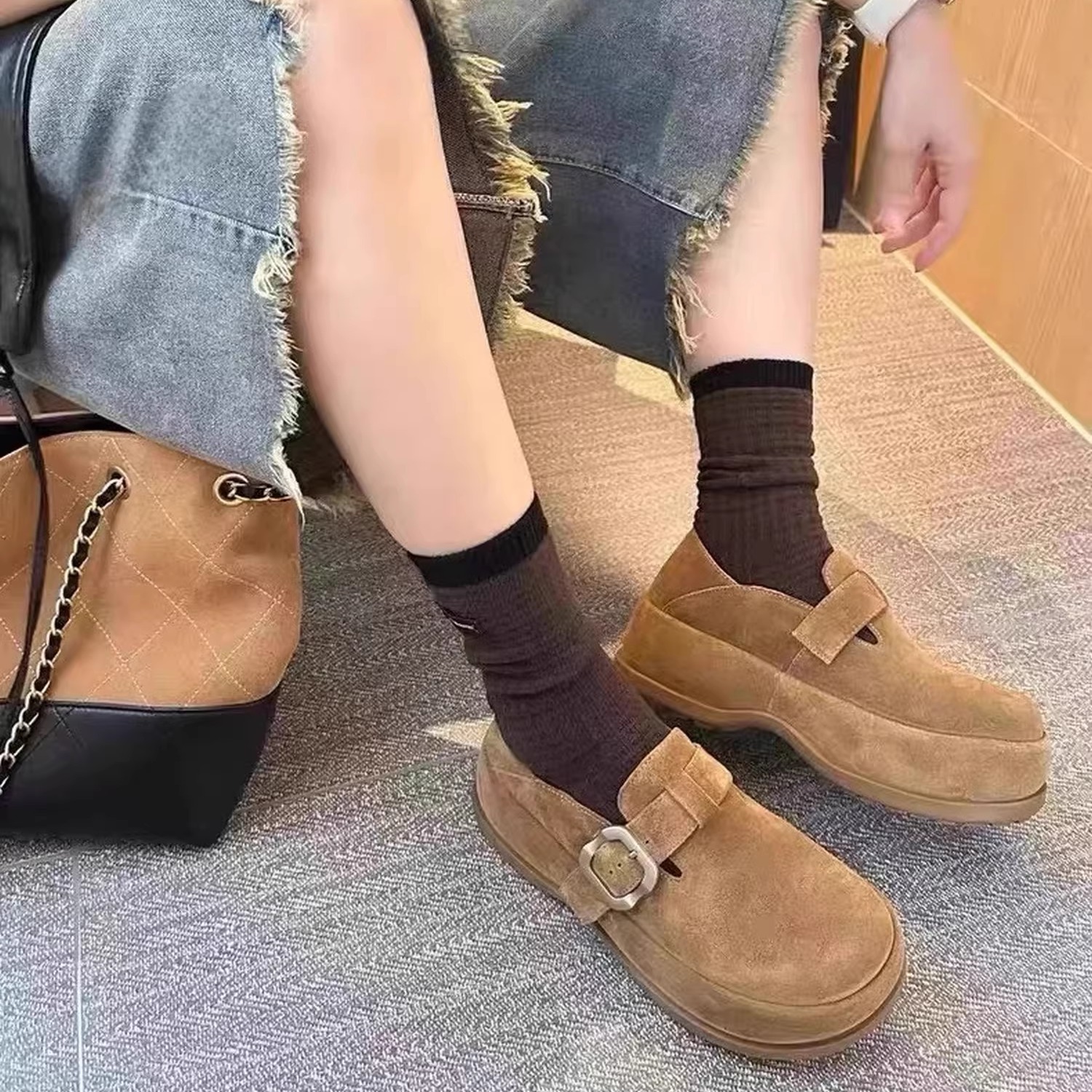 巴迪雅女鞋2025秋季新款欧洲站真皮厚底魔术贴勃肯鞋女单鞋13227