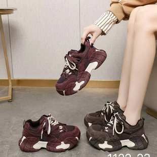 1122 休闲运动鞋 2025冬真皮网面厚底舒适加绒老爹鞋 巴迪雅女鞋