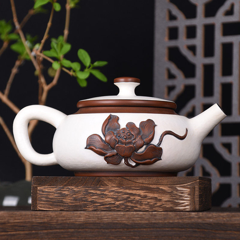 云南建水紫陶壶茶壶紫砂壶茶具290《杨镇》白瓷泥莲花堆雕名家壶