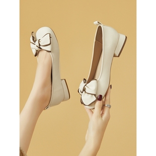 平底单鞋女鞋2025新款瓢鞋夏季蝴蝶结皮鞋一脚蹬配裙子鞋子