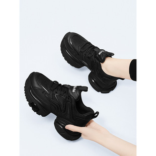 黑色老爹鞋女款2024新款秋冬旅游厚底加绒增高休闲运动网面百搭