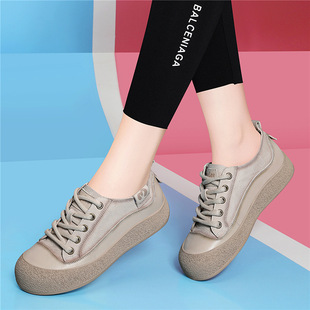 真皮复古女鞋2025春季新款大头丑萌休闲鞋系带软底防滑厚底板鞋