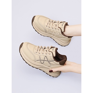 真皮女鞋秋季新款大码鞋子运动休闲鞋女厚底增高老爹旅游鞋真皮