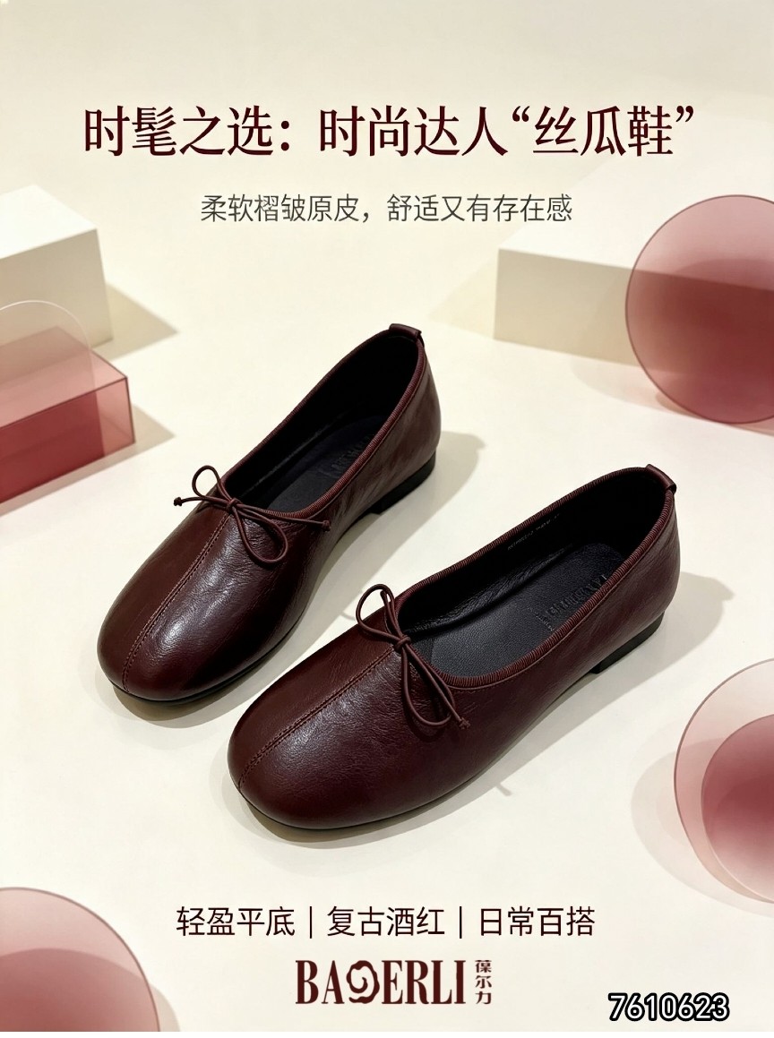 专柜正品葆尔力2026新款胎牛皮圆头丝瓜鞋平底蝴蝶结芭蕾舞女单鞋