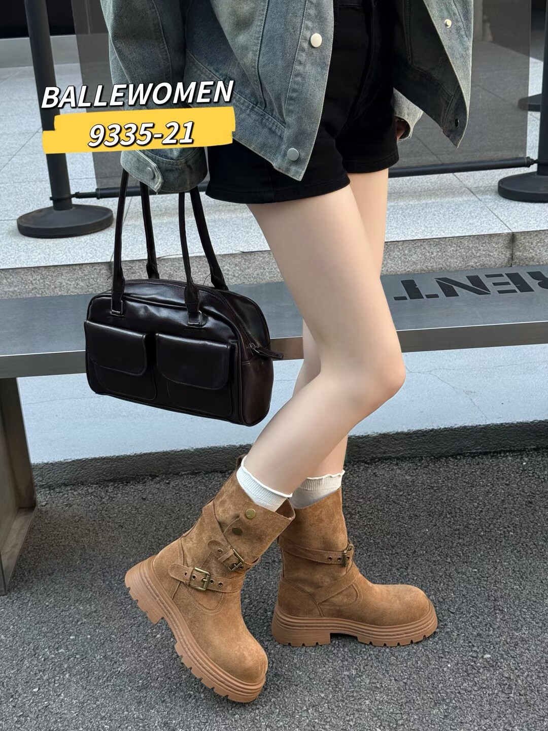 专柜正品白丽女人2025商场同款牛反皮圆头厚底粗跟皮带扣中筒靴