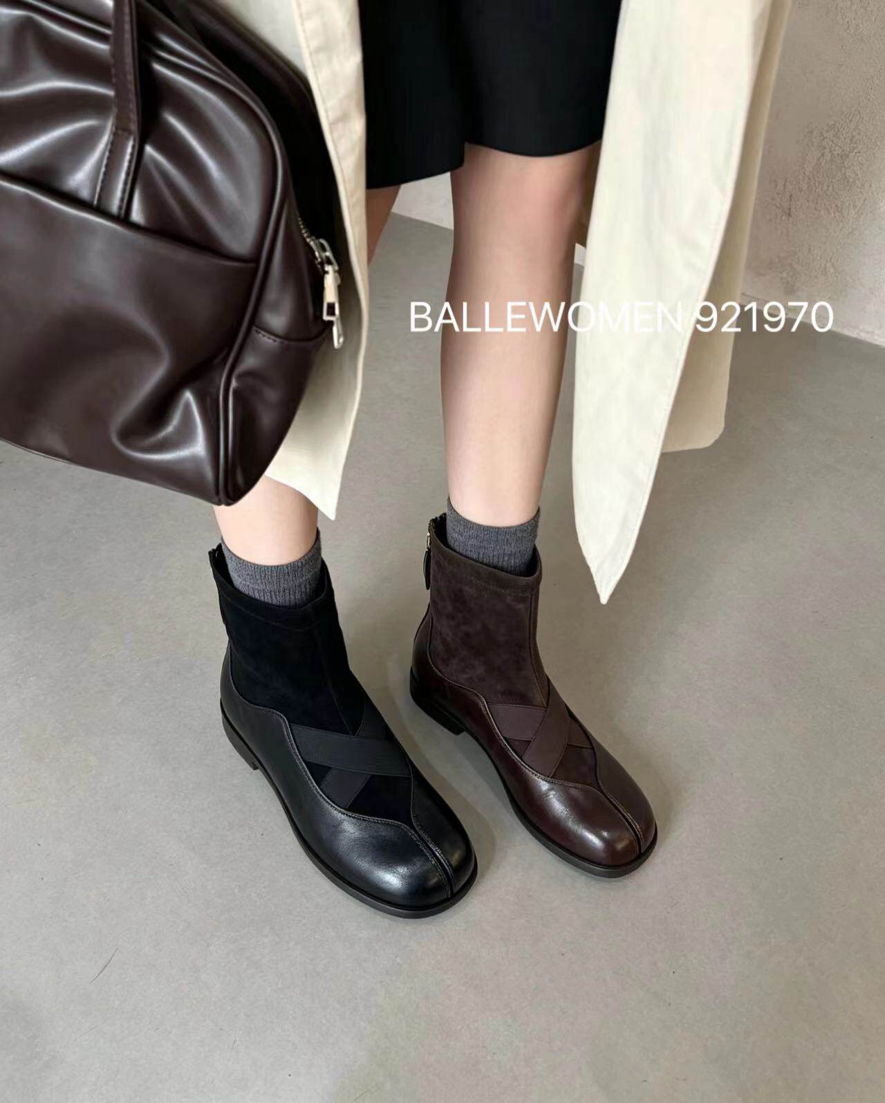 百丽女人专柜正品2026新款牛皮拼接羊京圆头平底短靴女瘦瘦靴