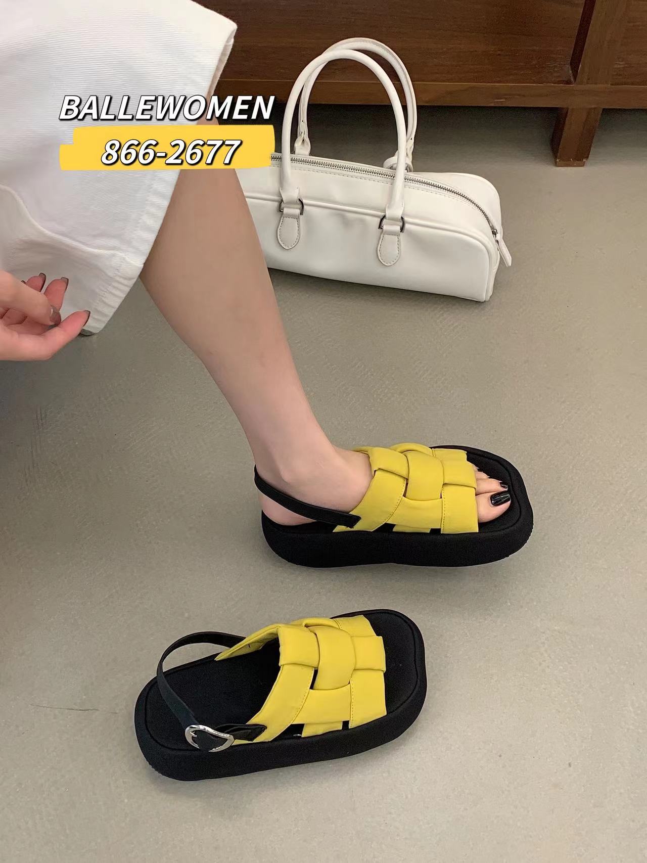 专柜正品白丽女人2026新款莱卡真丝编织镂空厚底罗马黄色沙滩凉鞋