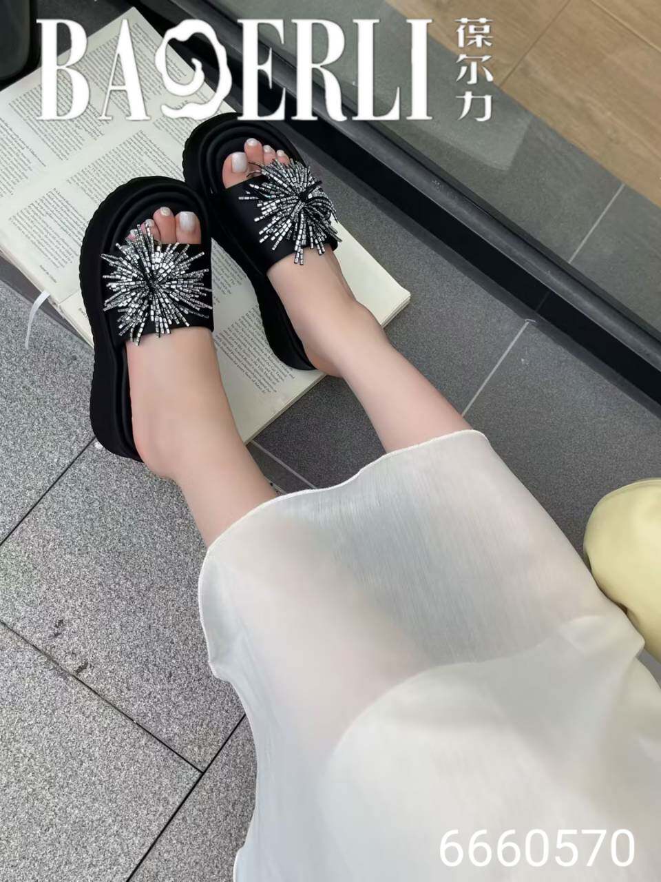 专柜正品葆尔丽2026新款牛皮水钻烟花厚底坡跟沙滩休闲女凉鞋拖鞋