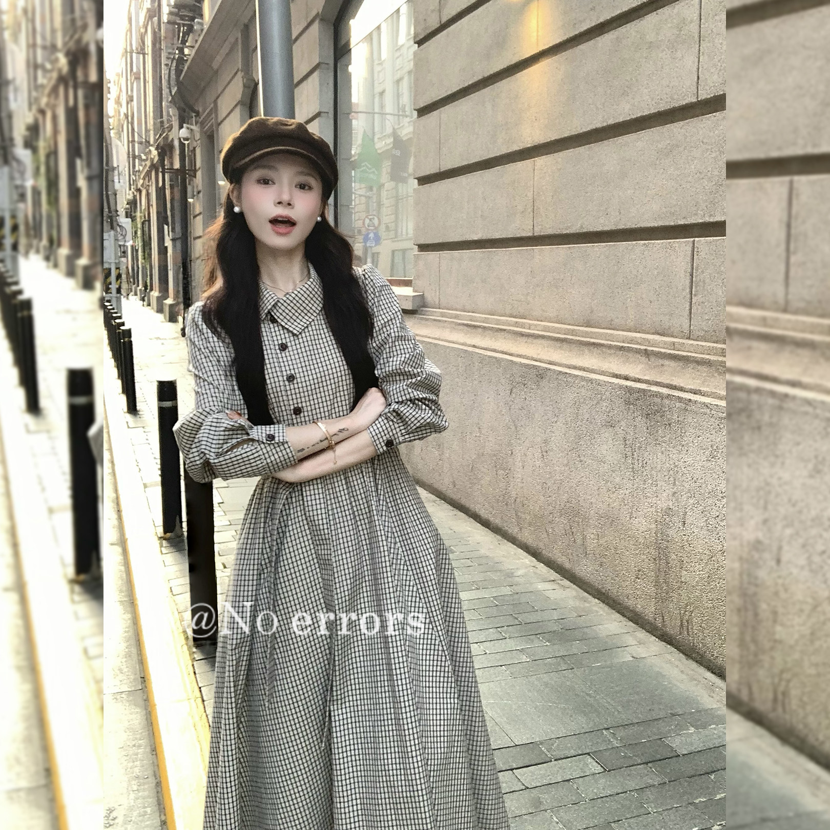 不出错No errors 【伦敦街角】复古格子长袖连衣裙翻领收腰裙初秋