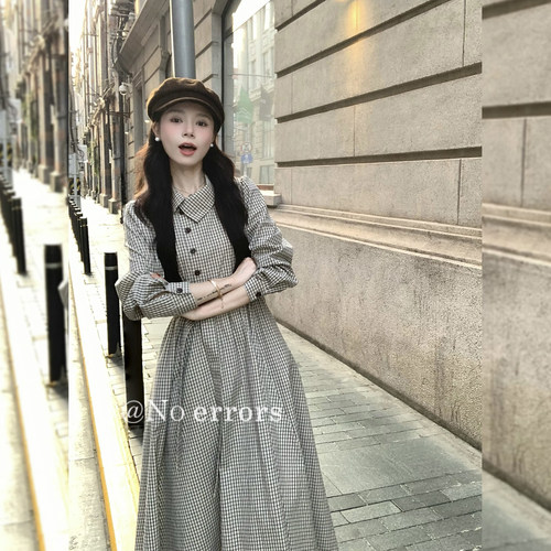 不出错No errors 【伦敦街角】复古格子长袖连衣裙翻领收腰裙初秋