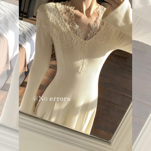 2025冬新款 重工蕾丝拼接v领大摆针织连衣裙 errors 不出错No