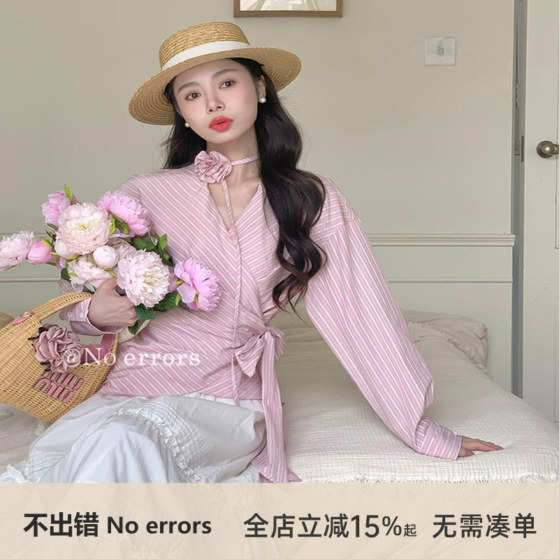 不出错No errors【花约秋日】气质时尚条纹花朵绑带衬衫2025秋款