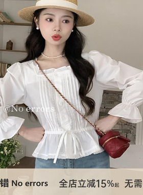 不出错No errors【白铃兰~】减龄木耳边喇叭袖白色方领衬衫2025秋