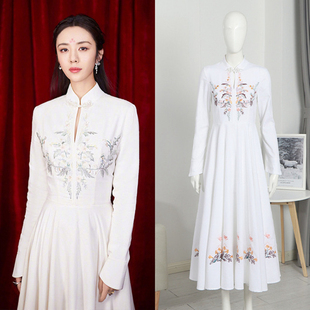 棉麻连衣裙立领复古重工刺绣国风名媛优雅品质礼服长裙 明星同款