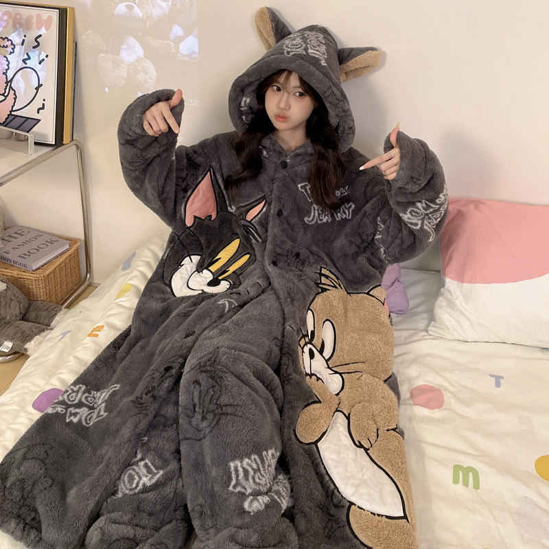 女士睡衣秋冬季珊瑚绒加厚加绒浴袍卡通长袖可爱睡袍家居服套装天