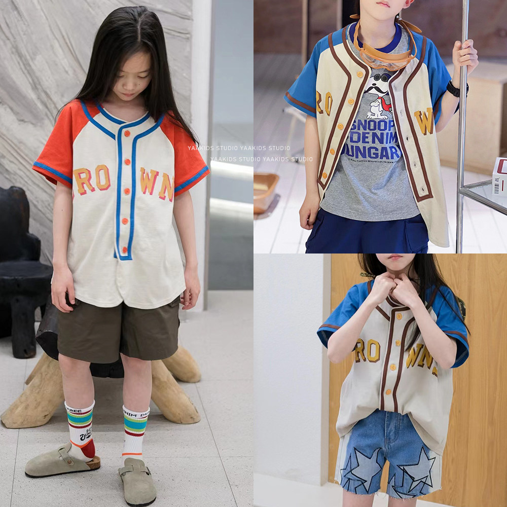 儿童春夏日系拼色棒球服纯棉男女童开衫T恤短袖可叠穿小外套上衣图片