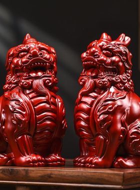 红花梨木雕招财貔貅摆件实木公母一对独角双角天禄工艺品开业送礼