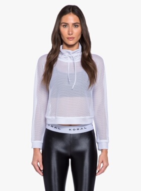 美国代购KORAL网纱眼透气运动连帽白色健身舞蹈透气半透明时尚卫