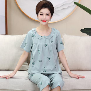 短袖 纯棉中老年睡衣女新款 妈妈睡衣夏季 七分裤 家居服 短裤 全棉大码